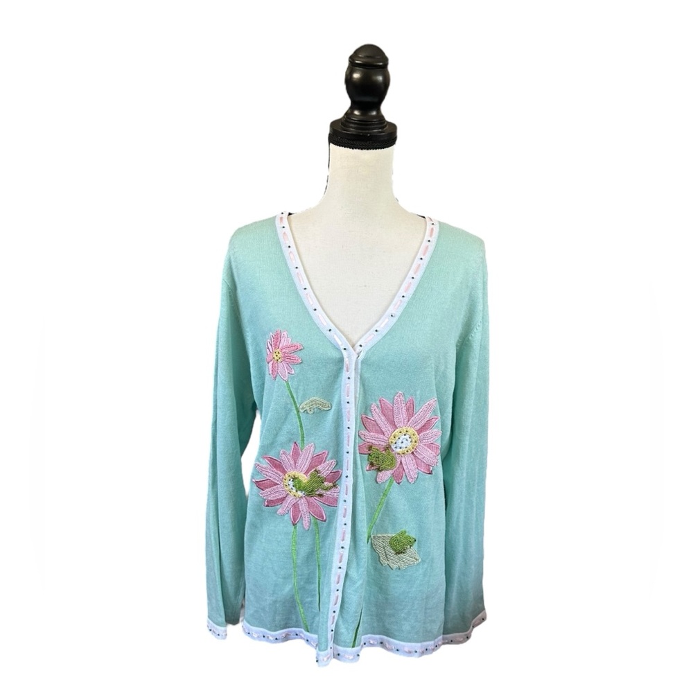 SALE Storybook Knits Frogs & Flower Cardigan Beaded Embroidered Cottagecore 1X